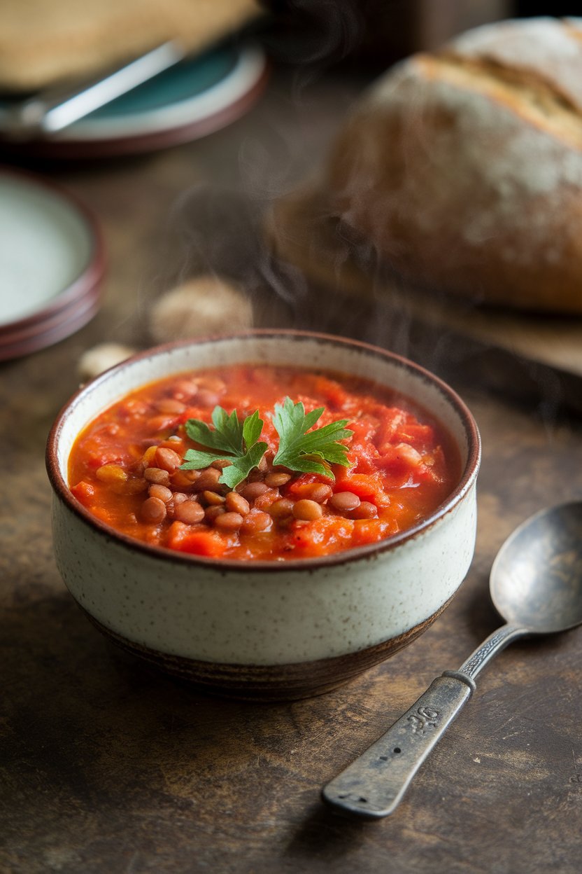 An indoor dining table featuring a steaming bowl of red lentil soup with visible tomato chunks and a sprinkle of parsley. Rustic spoon beside the bowl, no logos or text.