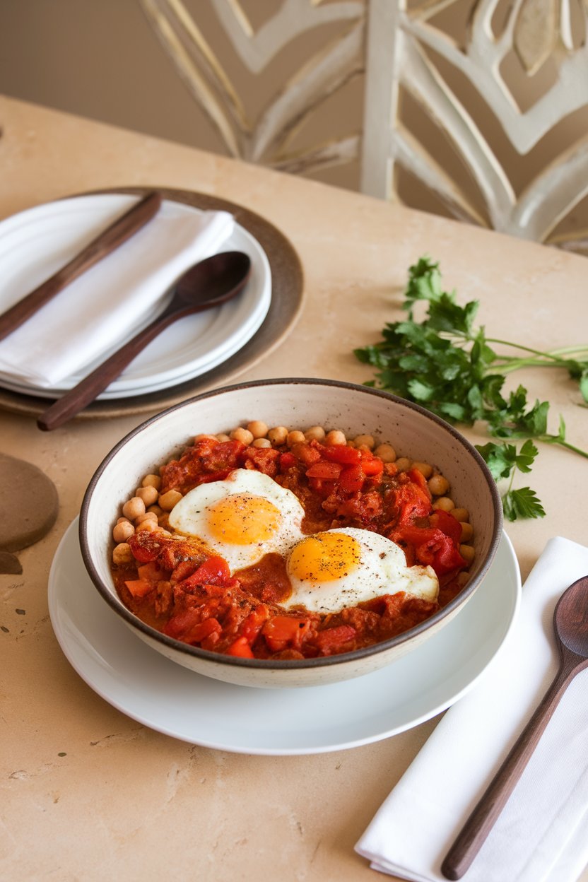 An indoor brunch table with a bowl of chickpea shakshuka—poached eggs nestled in tomato sauce with peppers—parsley garnish. No text or logos. Photo.
