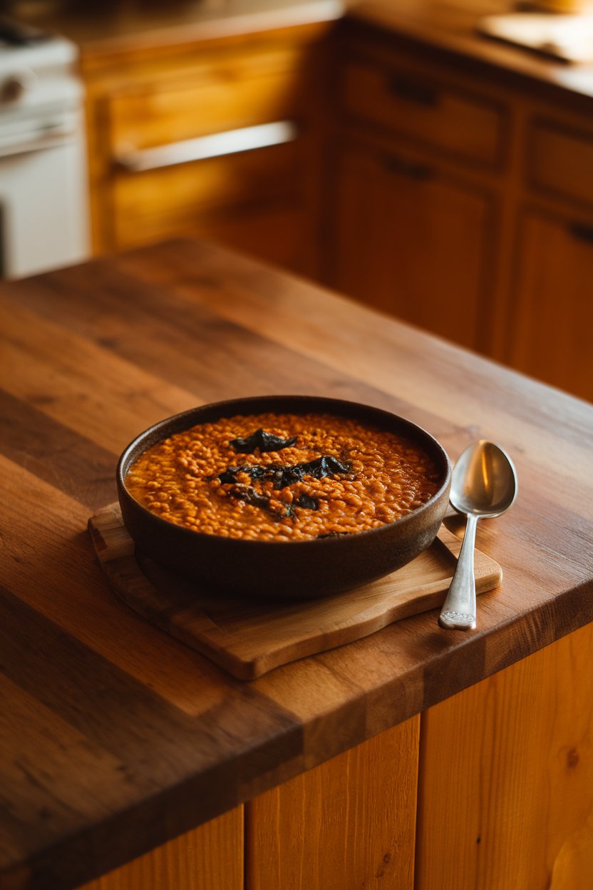 An indoor kitchen island with a deep bowl of golden lentil stew, flecks of spinach, and a spoon resting on the side. Warm lighting, no text or logos.
