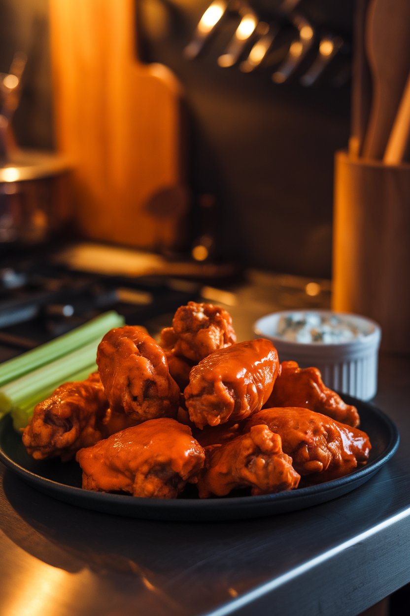 An indoor kitchen counter with a platter of cooked chicken wings coated in glistening orange Buffalo sauce, celery sticks and a ramekin of blue cheese dressing on the side. Warm, moody lighting; no text or logos visible.
