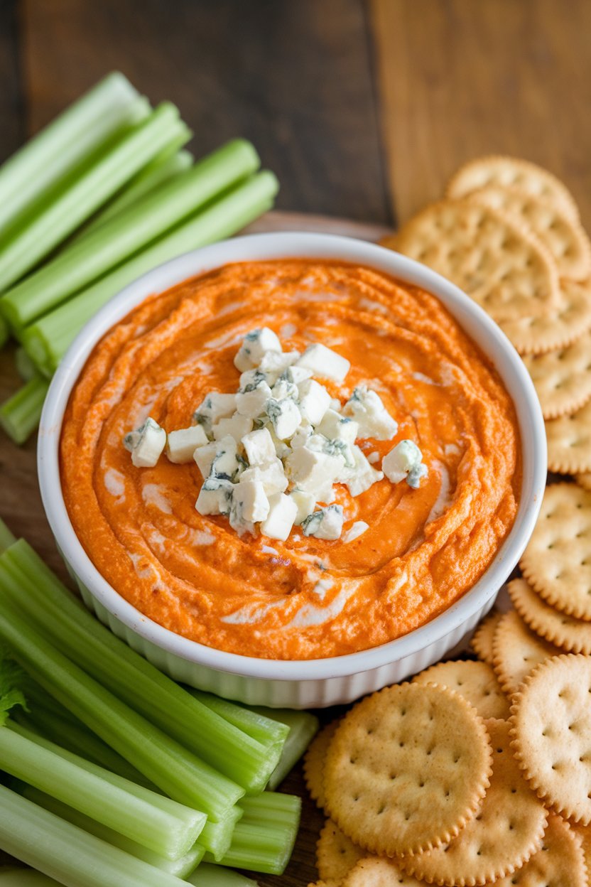 Indoor photo of bubbling buffalo chicken dip with a sprinkle of blue cheese on top, celery sticks and crackers on the side. No text or logos.