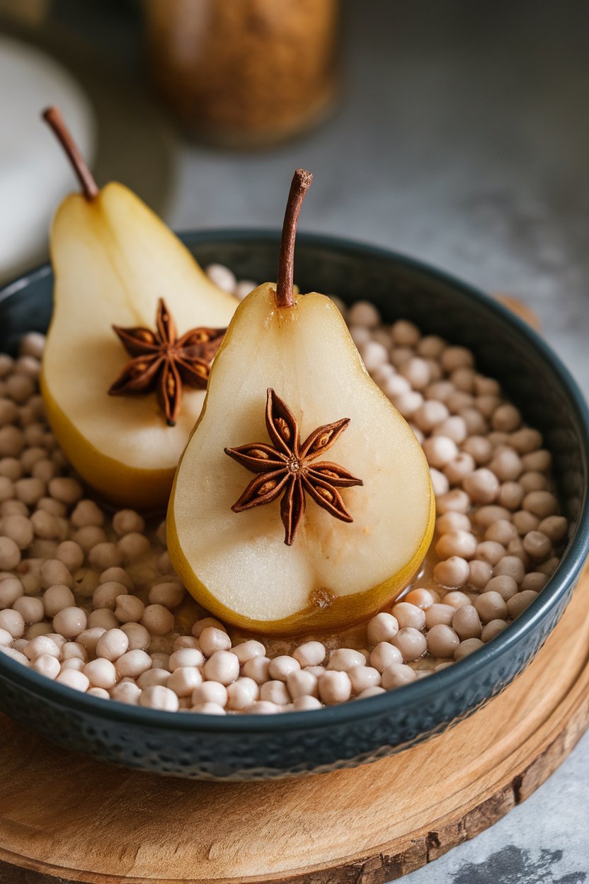 Indoor serving dish with halved poached pears in vanilla chai syrup, star anise visible. No text or logos.