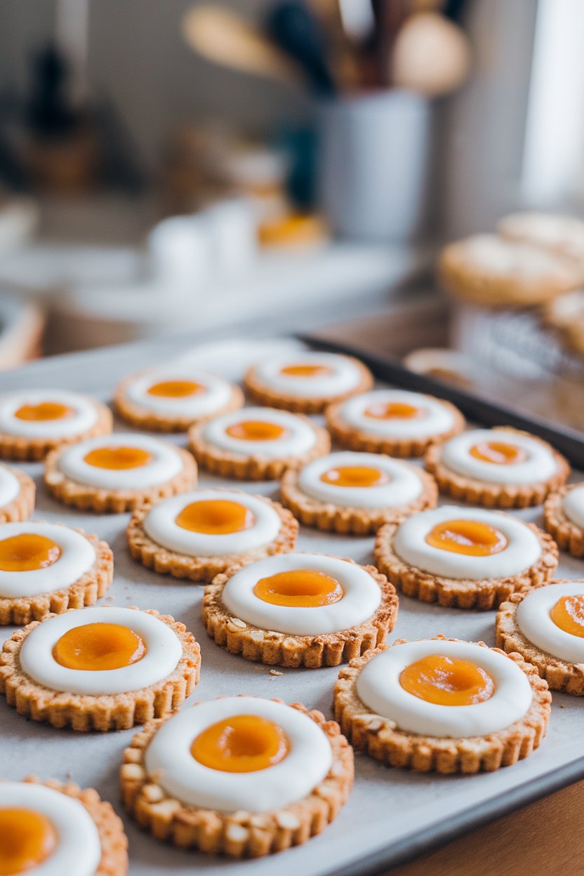 An indoor tray of thumbprint cookies with bright orange apricot jam centers, lightly toasted almonds around edges. Photo, no text or logos.
