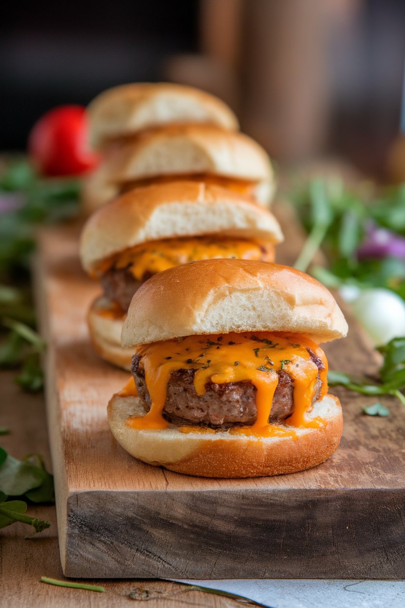 Photo of mini cheeseburgers on soft buns lined up on a wooden board indoors, melted cheddar dripping down, no text or logos