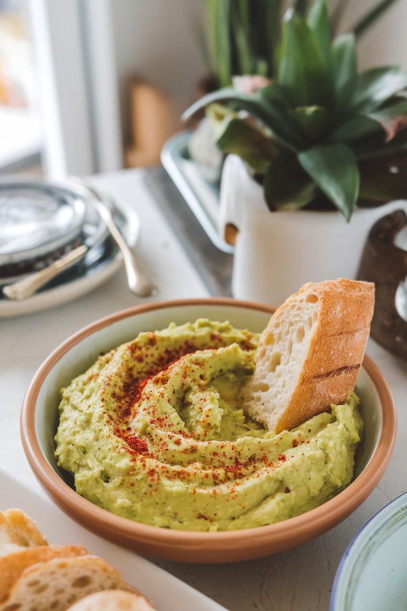 Indoor brunch table holding a shallow dish of chunky avocado feta dip sprinkled with red pepper flakes. No branding or text.