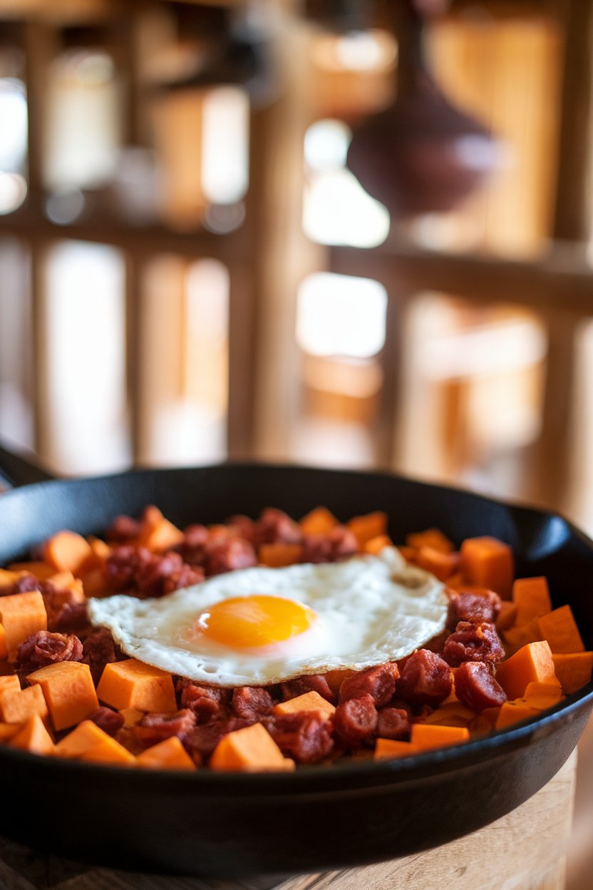 Indoor photo of a skillet filled with diced sweet potato, browned chorizo, and a fried egg on top, no text or logos
