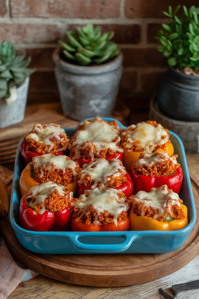 Indoor baking dish with colorful bell peppers stuffed with spiced rice and beef mixture, cheese melted on top. Photo, no text or logos.