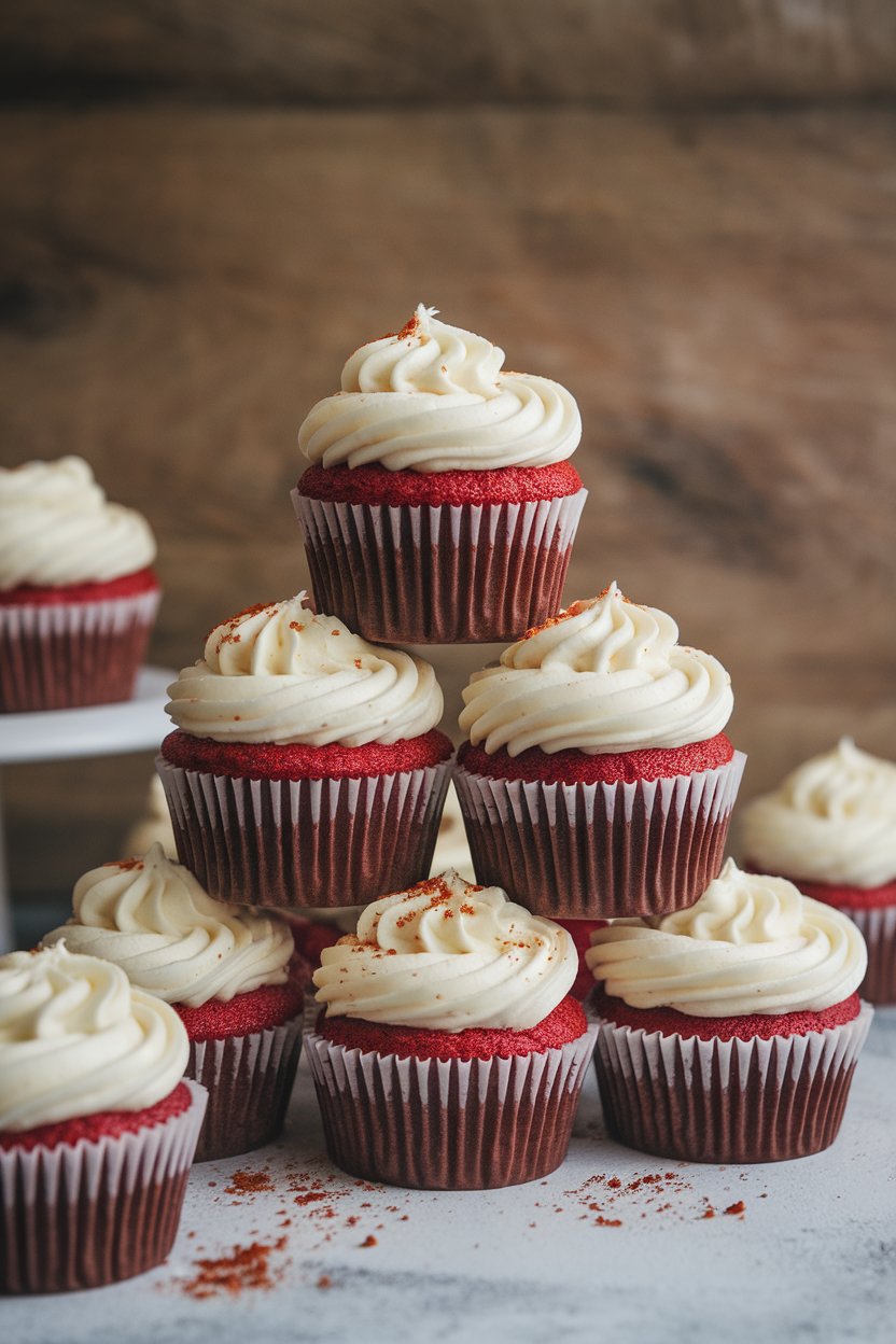 An indoor bakery-style display of red velvet cupcakes swirled with white cream cheese frosting, a few crumbs scattered artfully. No text or logos; photo, not illustration.