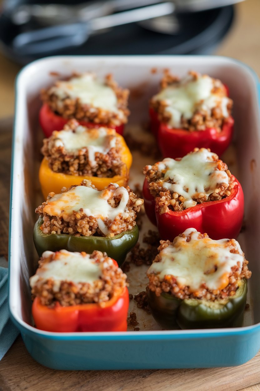 Photo of small bell peppers filled with turkey-quinoa mixture, baked and topped with melted cheese, on an indoor baking dish. No text or logos.