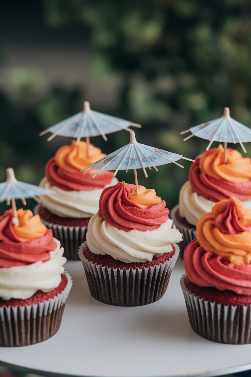 Indoor photo of frosted cupcakes swirled in red and orange shades, tiny paper umbrellas inserted on top. No text or logos visible.