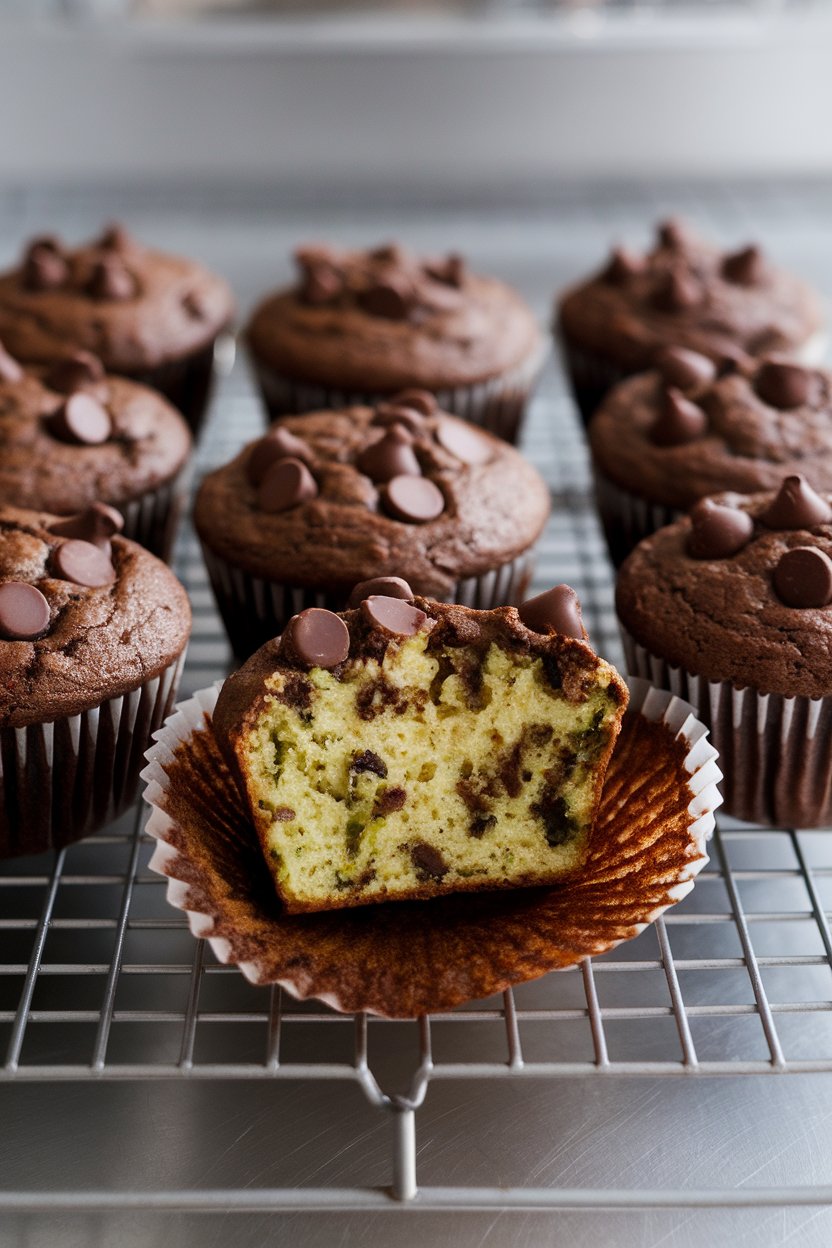 Indoor rack of moist chocolate-chip zucchini muffins, one torn open to show green flecks, no branding.