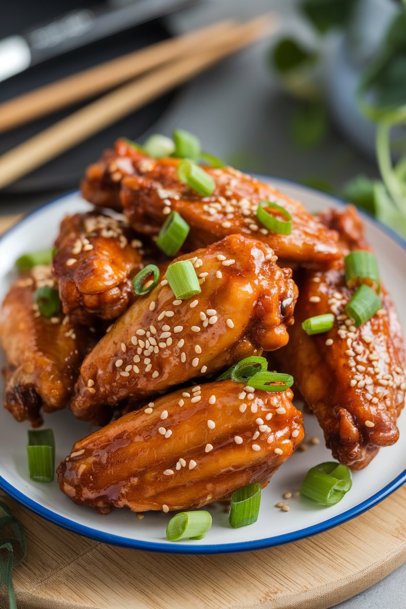 Indoor platter of glistening teriyaki chicken wings sprinkled with sesame seeds and sliced scallions. No logos or text.