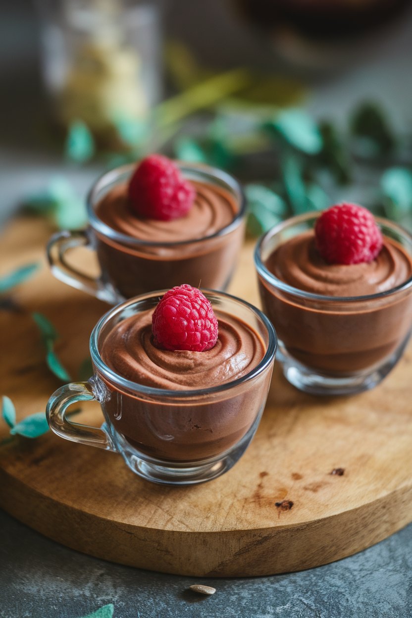 Indoor photo of espresso cups filled with silky dark chocolate avocado mousse, topped with a raspberry, no text or logos.