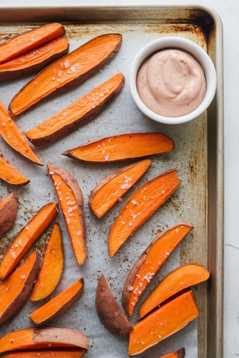 An indoor baking sheet of roasted sweet potato wedges served with a small bowl of chipotle mayo, photographed overhead—no text or logos. Photo, not illustration.
