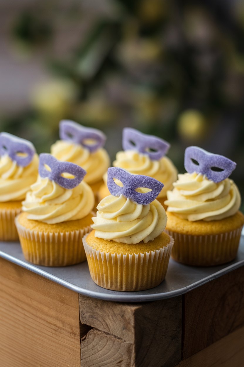Photo of yellow cupcakes topped with lemon zest buttercream and small purple sugar mask, shot indoors, no text or logos