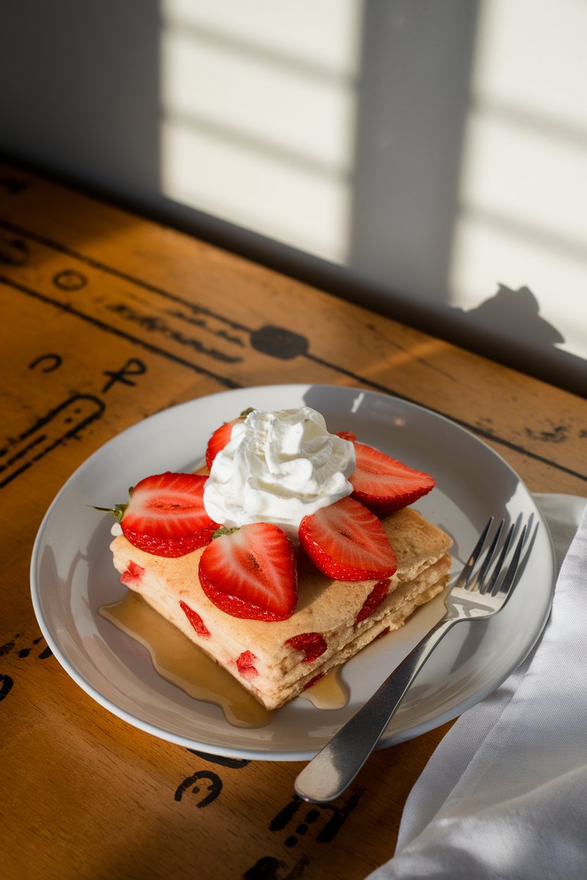 Indoor photo of a strawberry-studded pancake square topped with sliced fresh strawberries and a dollop of whipped cream, no text or logos.