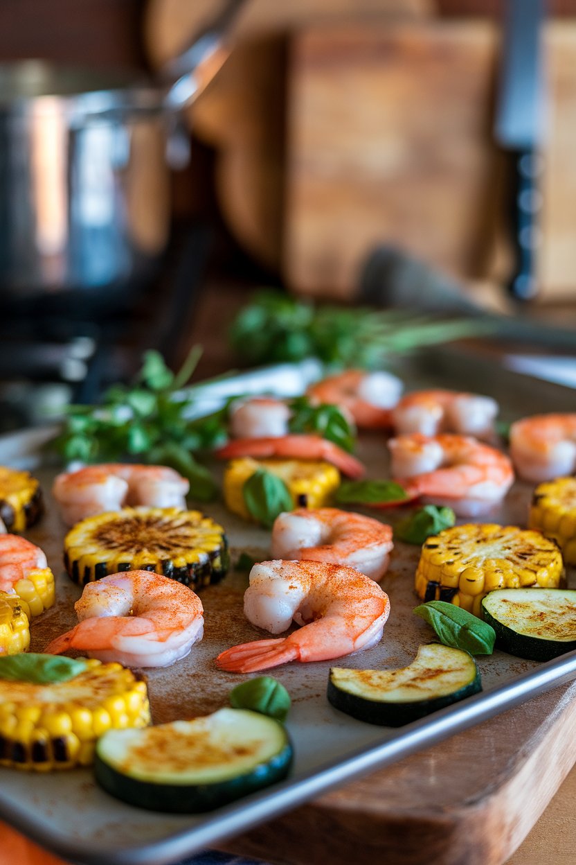Indoor photo showing a sheet pan of cooked shrimp dusted with paprika, charred corn rounds, and zucchini half-moons; warm lighting, no logos