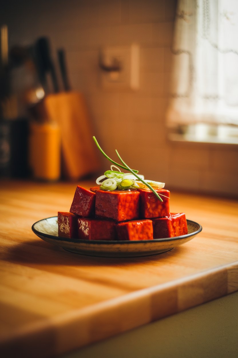 Photo prompt: A warmly lit kitchen island showcasing tofu cubes coated in a glossy red maple-sriracha glaze, garnished with green onion. No text or logos.
