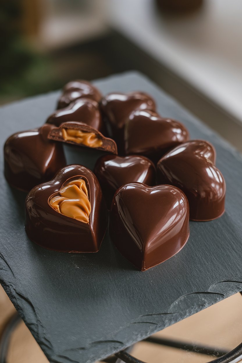 Shiny dark chocolate hearts, one cut open to reveal flowing caramel, set on an indoor slate slab. No branding visible.