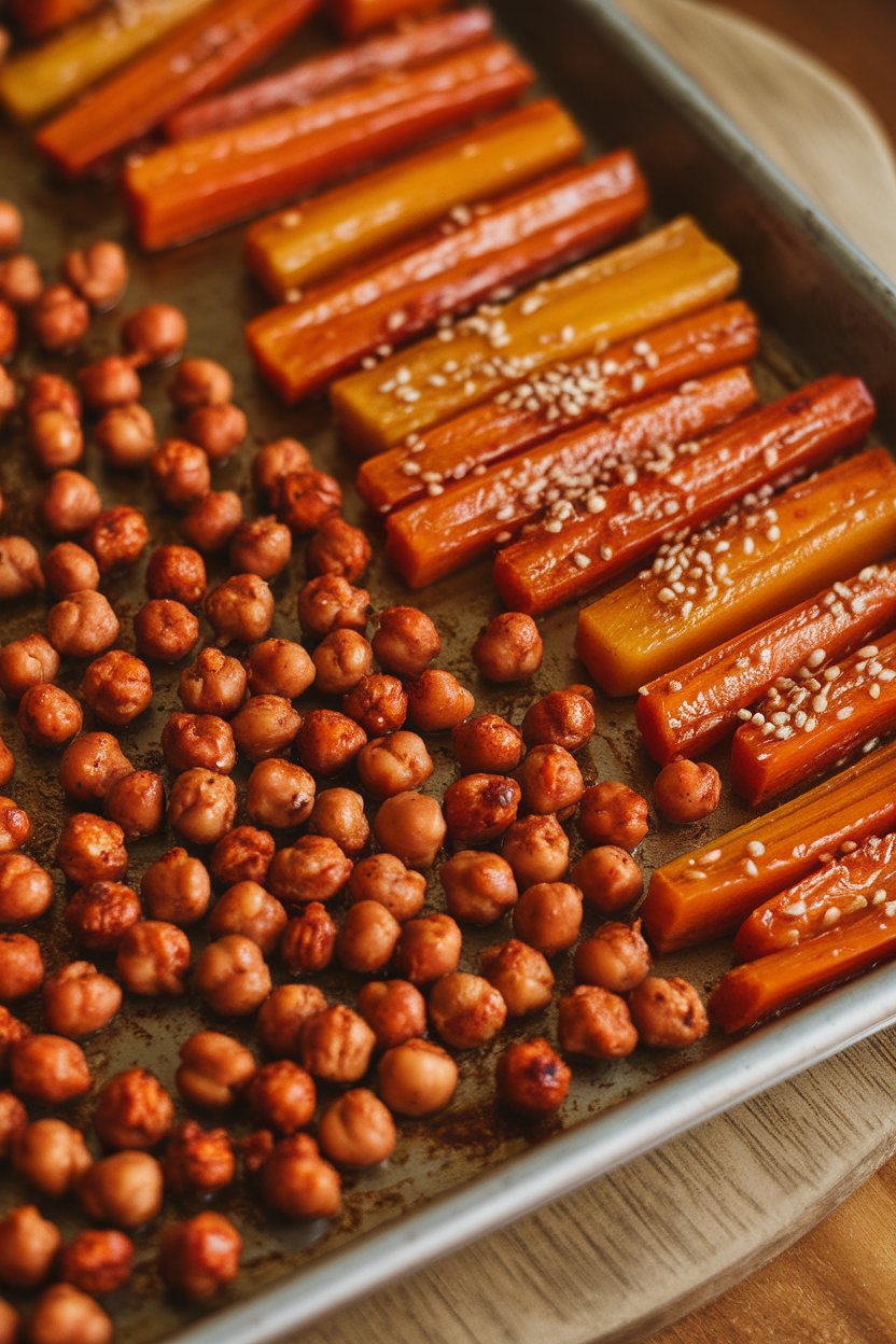 Indoor photo of roasted chickpeas coated in red harissa alongside caramelized carrot sticks on a sheet pan; warm light, no text or logos