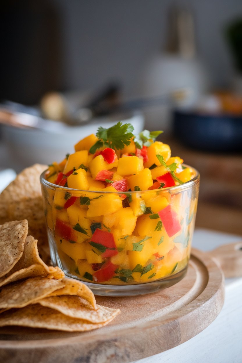 Indoor photo of a glass bowl brimming with mango salsa—bright orange mango, red bell pepper, and cilantro—flanked by baked whole-grain chips. No text or logos visible.