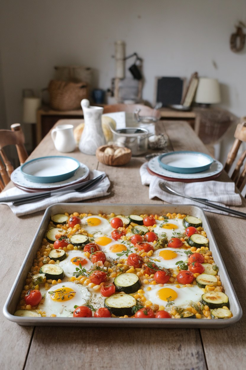 An indoor farmhouse table with a sheet pan full of baked eggs among roasted zucchini, corn kernels, and cherry tomatoes, speckled with fresh herbs. No text or logos.