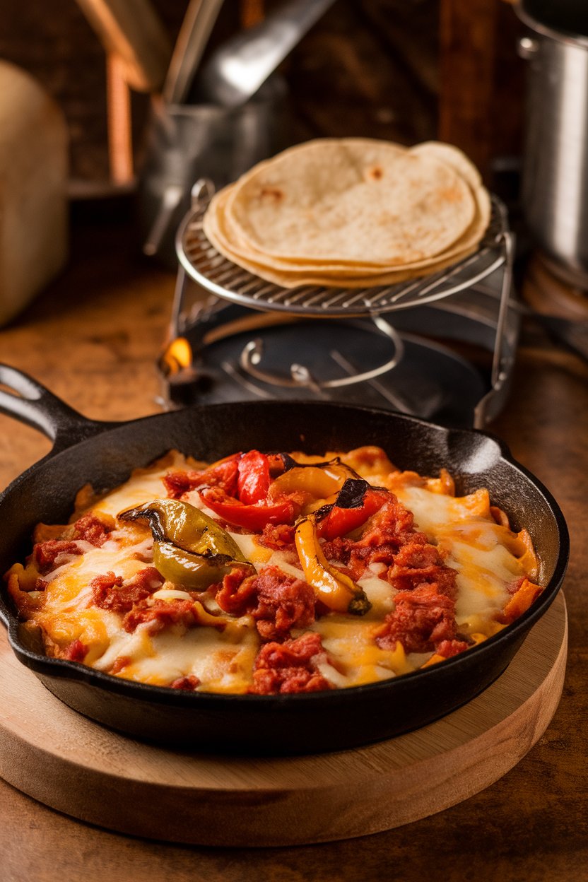 Indoor photo of a cast-iron skillet overflowing with melted cheese studded with chorizo and roasted peppers, tortillas in a warmer behind it. No text or logos.