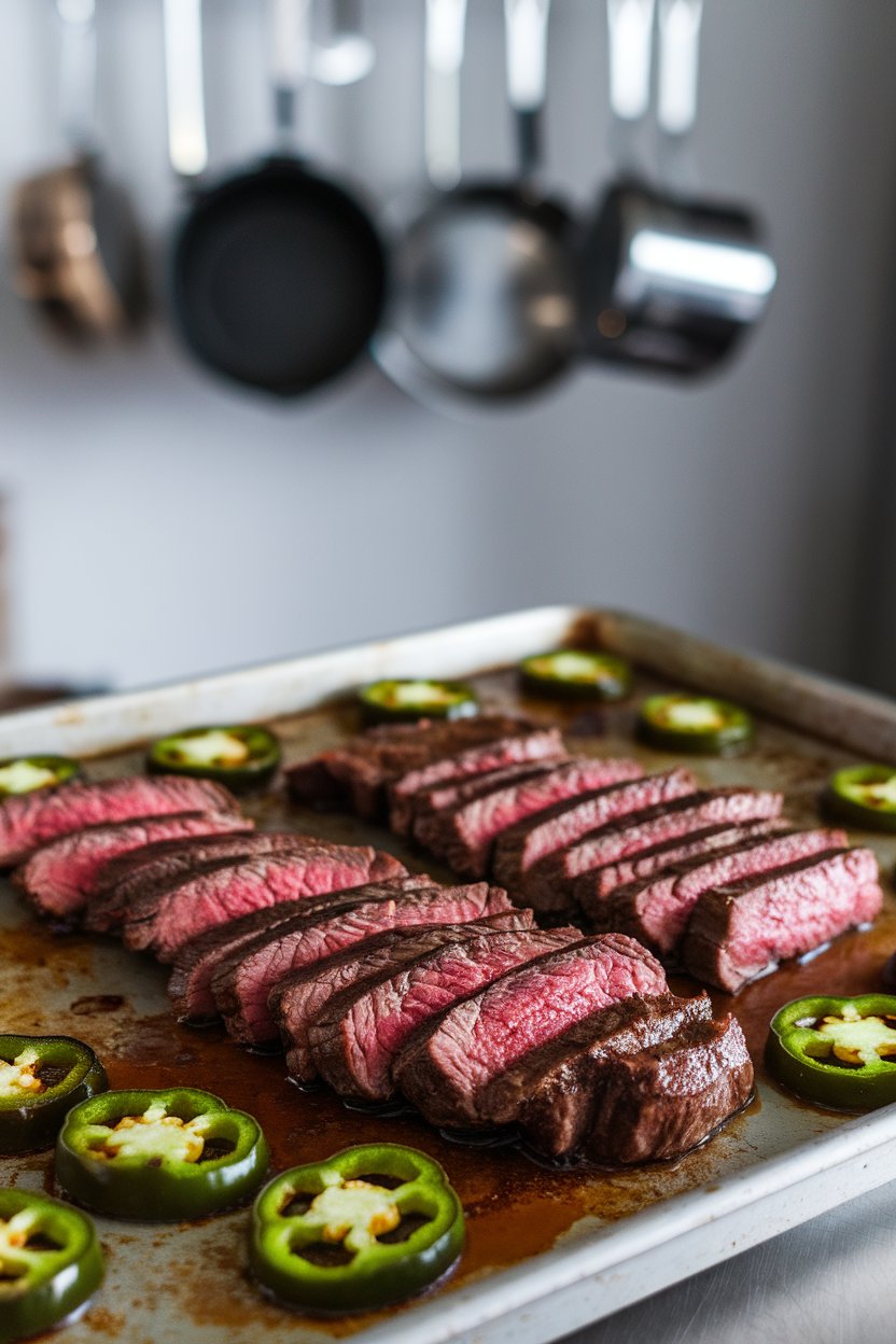 Indoor photo of sliced steak and jalapeño wheels roasted on a sheet pan, beer marinade reduced to a glaze. No text or logos.