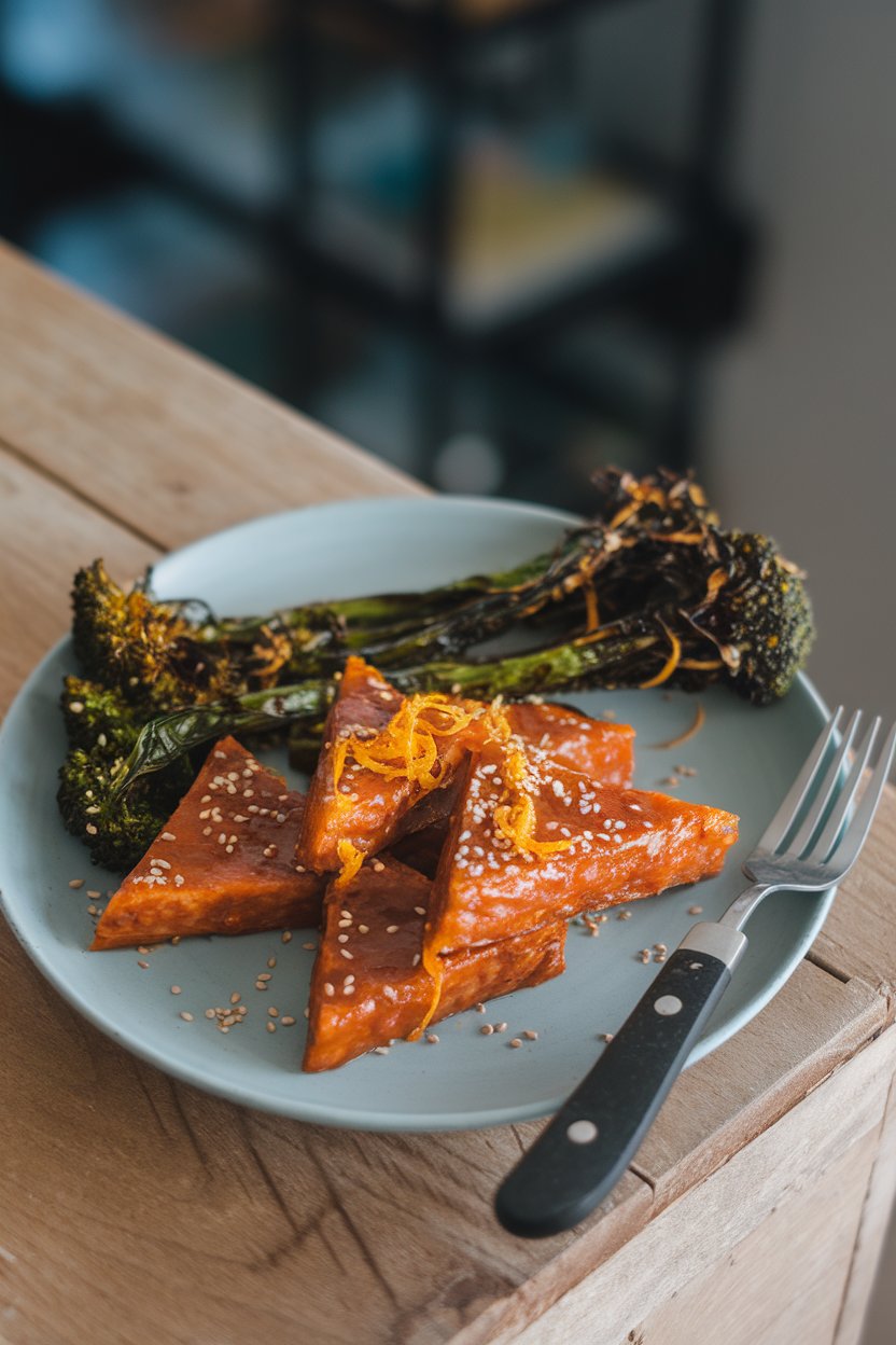 Indoor photo of glazed tempeh triangles with orange zest, roasted broccolini stalks, sesame seeds sprinkled on top; no logos