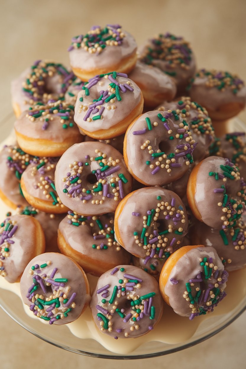 Indoor photo of a pile of glazed donut holes with purple, green, and gold sprinkles on a cake plate; no text or logos