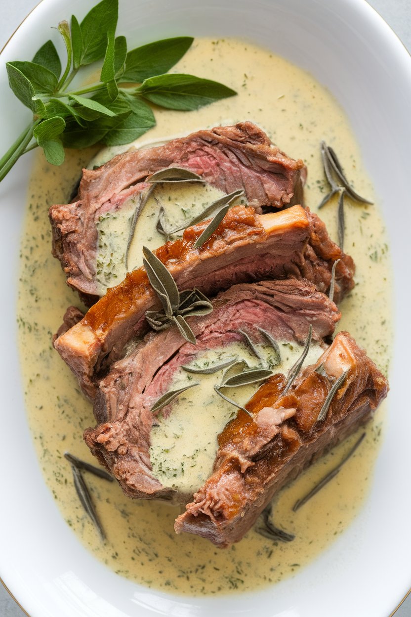 Indoor photo of short ribs in pale tarragon cream sauce, fresh tarragon leaves visible; no text or logos