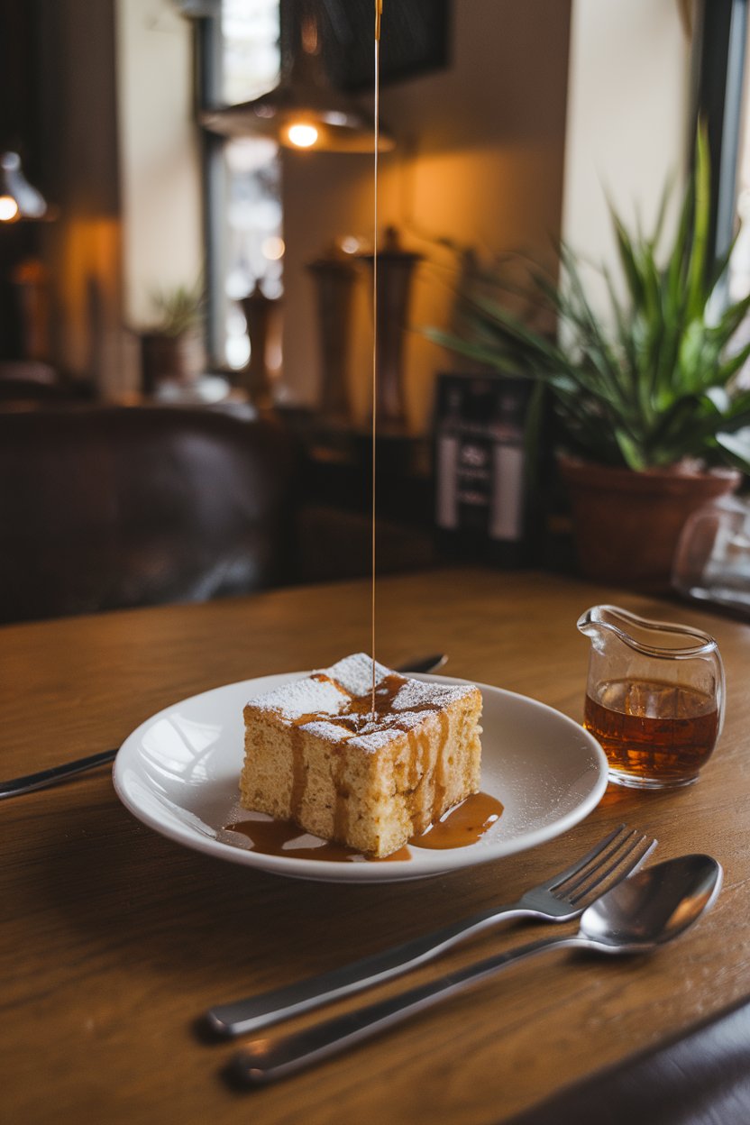 A cozy indoor pub table featuring a square of bread pudding drizzled with warm whiskey sauce and a light dusting of powdered sugar. No text or logos. Photo.