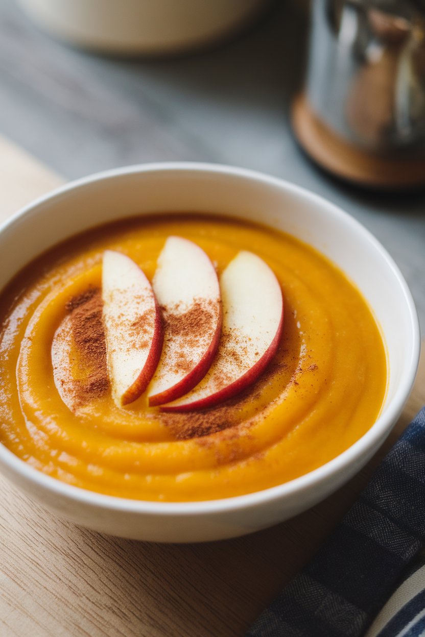 Indoor bowl of golden squash soup topped with thin apple slices and a dusting of cinnamon. No text or logos. Photo.