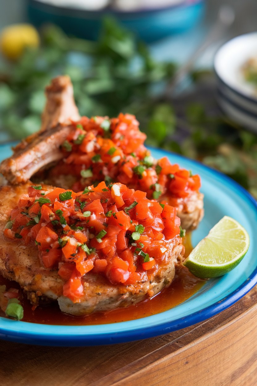 Plate of pork chops covered in bright red salsa roja, lime wedge, no text or logos.