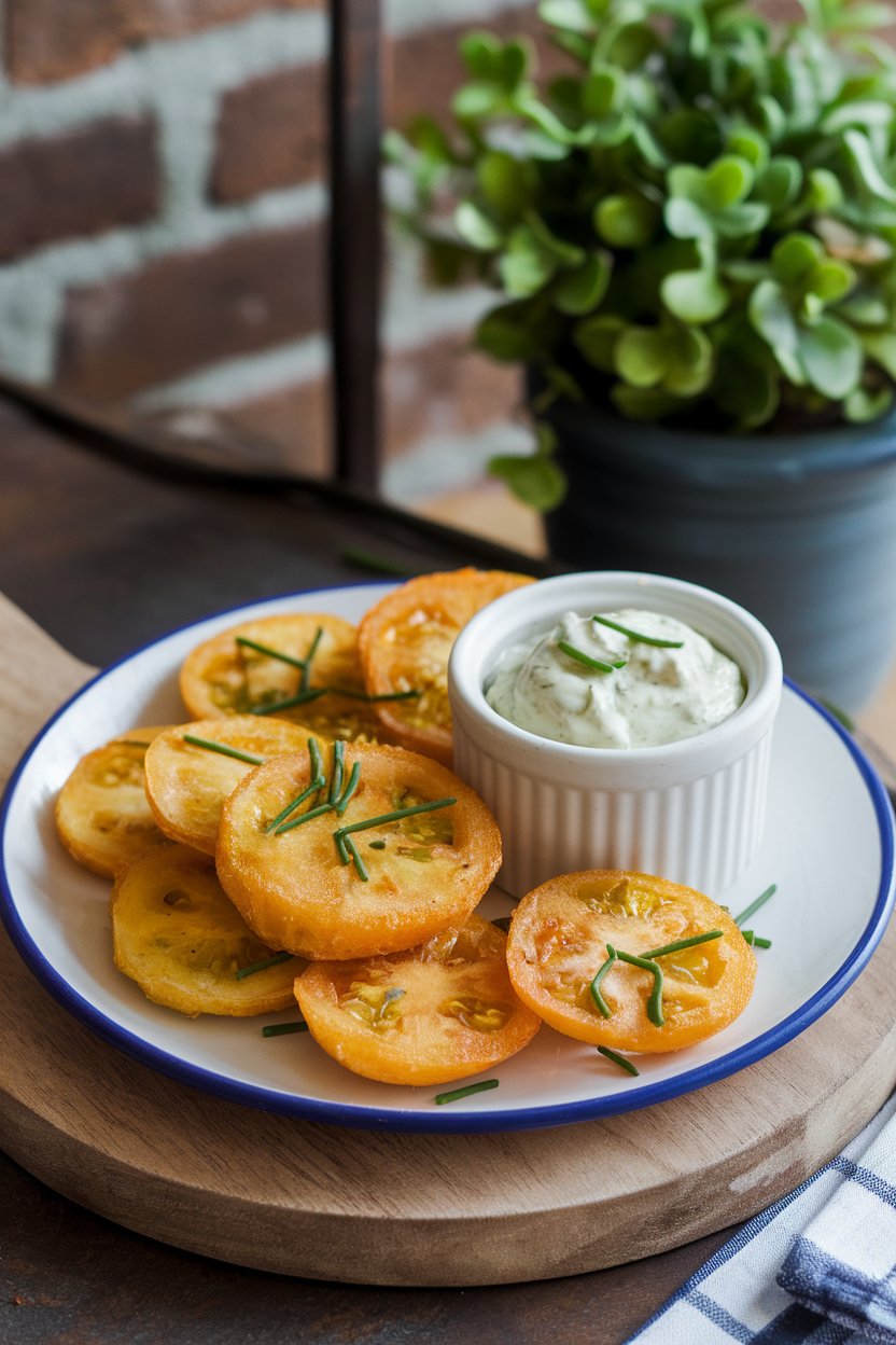 Indoor appetizer plate featuring golden fried green tomato rounds with a side ramekin of remoulade sauce, sprinkled with chives. Photo, no text or logos.