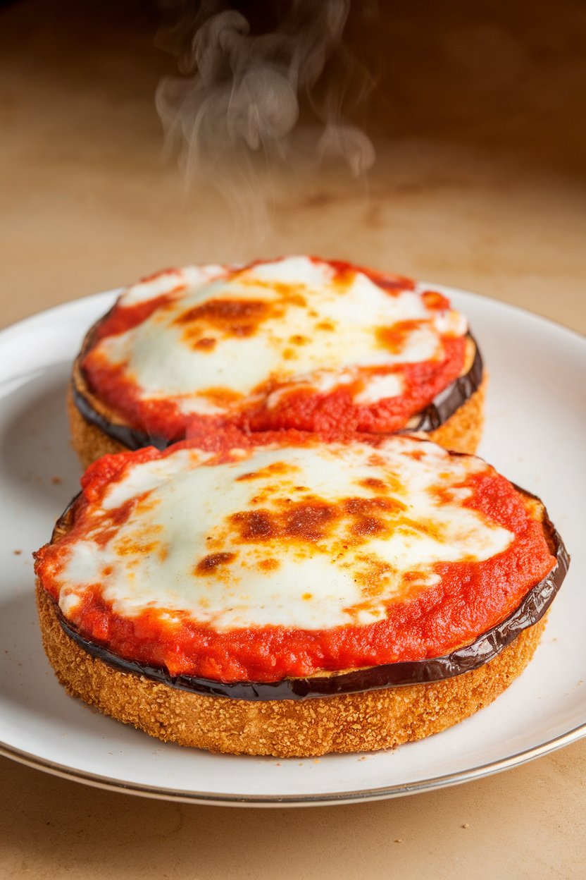 Indoor photo of breaded eggplant rounds layered with tomato sauce and mozzarella, cheese bubbly on top, steam visible. No branding in frame.