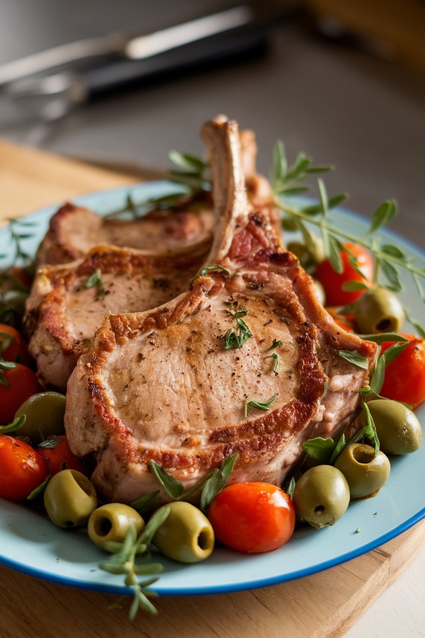 Indoor scene of pork chops nestled among olives, tomatoes, and herbs, no text or logos.