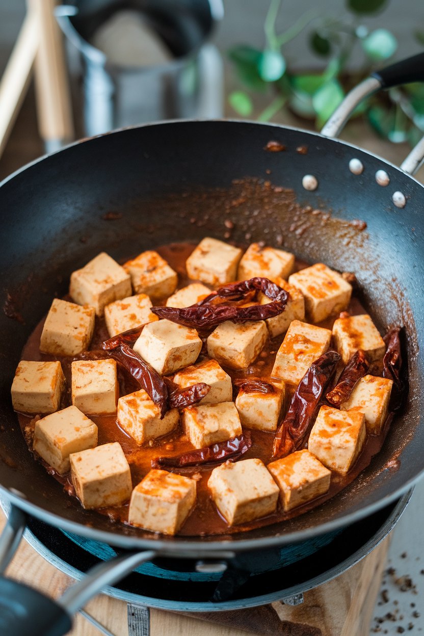 Photo prompt: Indoor wok scene with tofu cubes coated in reddish Sichuan peppercorn sauce, dried chilies visible. No text or logos.