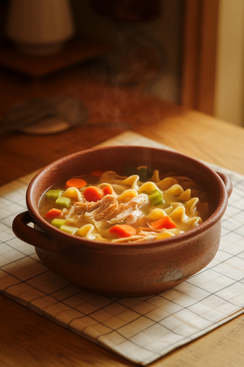 A warmly lit indoor kitchen table with a rustic ceramic bowl of chicken noodle soup—shredded chicken, egg noodles, diced carrots, and celery floating in golden broth, gentle steam visible. No text or logos anywhere. Photo, not illustration.