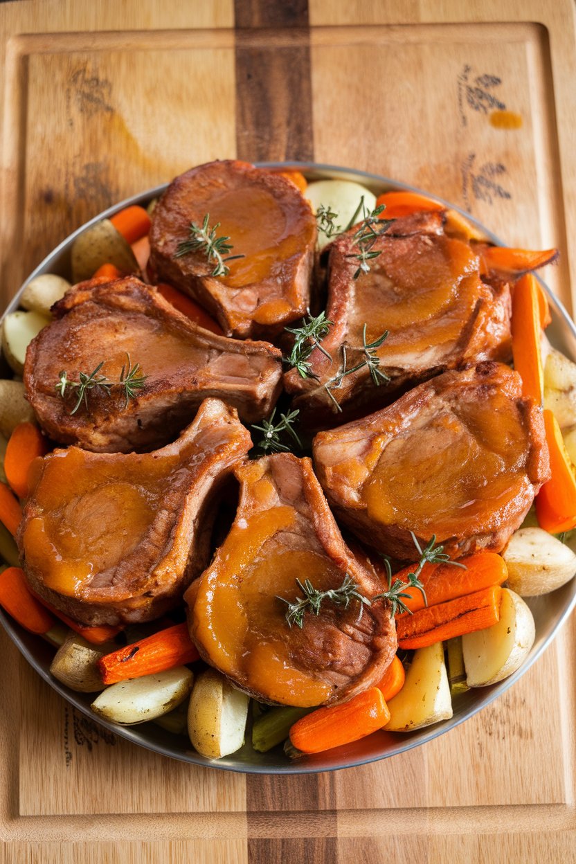 Indoor platter of pork chops lacquered in apricot glaze, herb garnish, no text or logos.