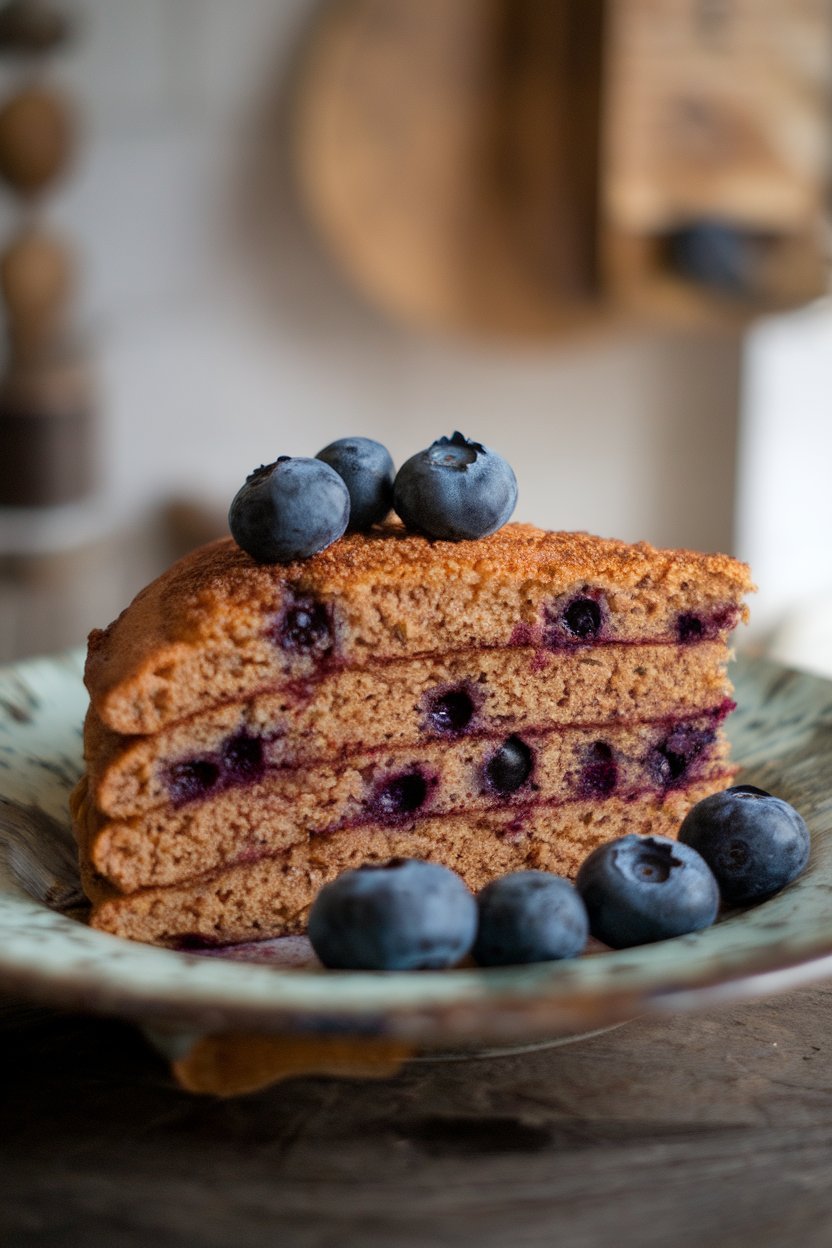Pancake slice with deep-colored buckwheat crumb and blueberries, indoor rustic plate, no text or logos.