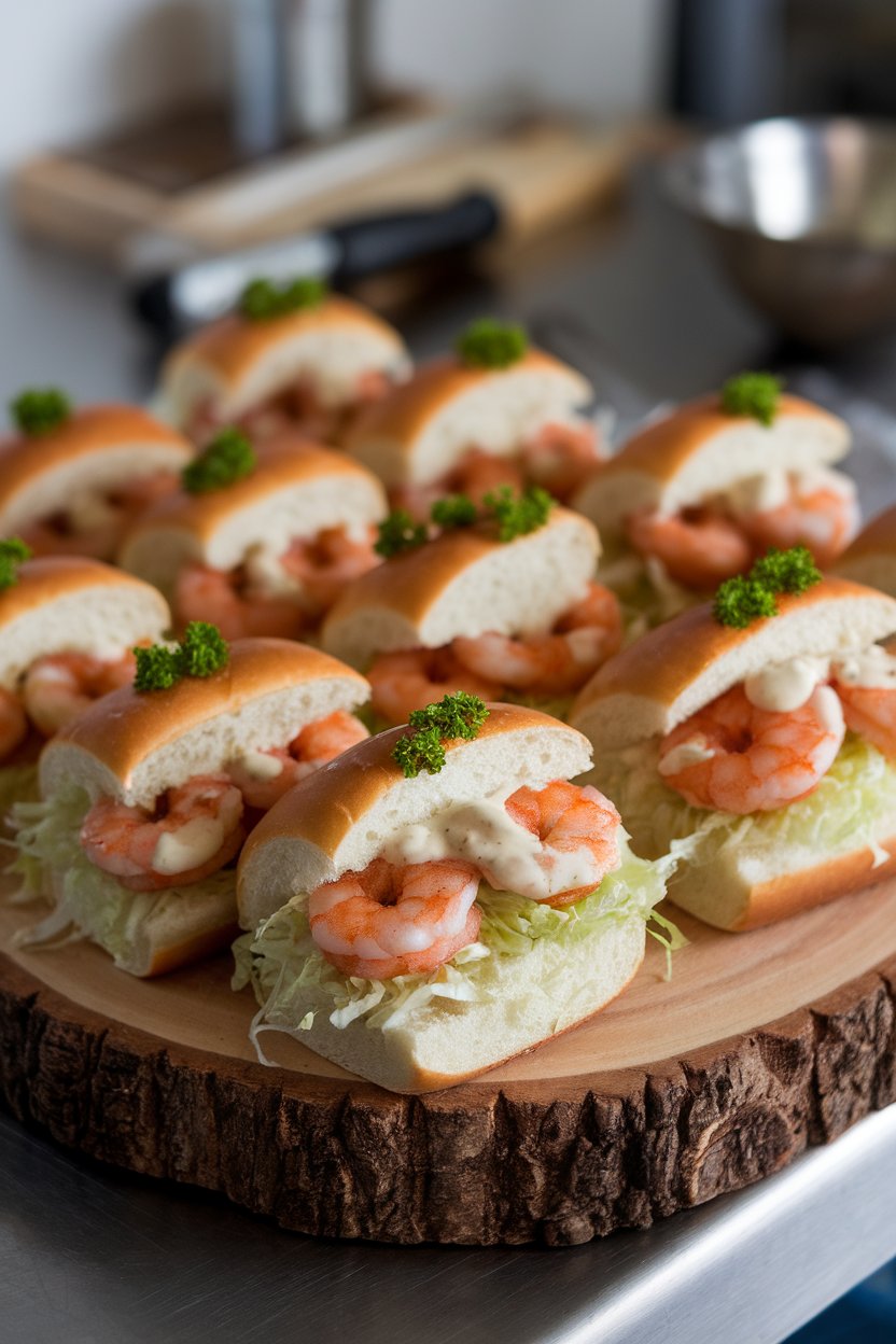 Indoor photo of small brioche buns filled with fried shrimp, shredded lettuce, and remoulade, arranged in rows; no text or logos