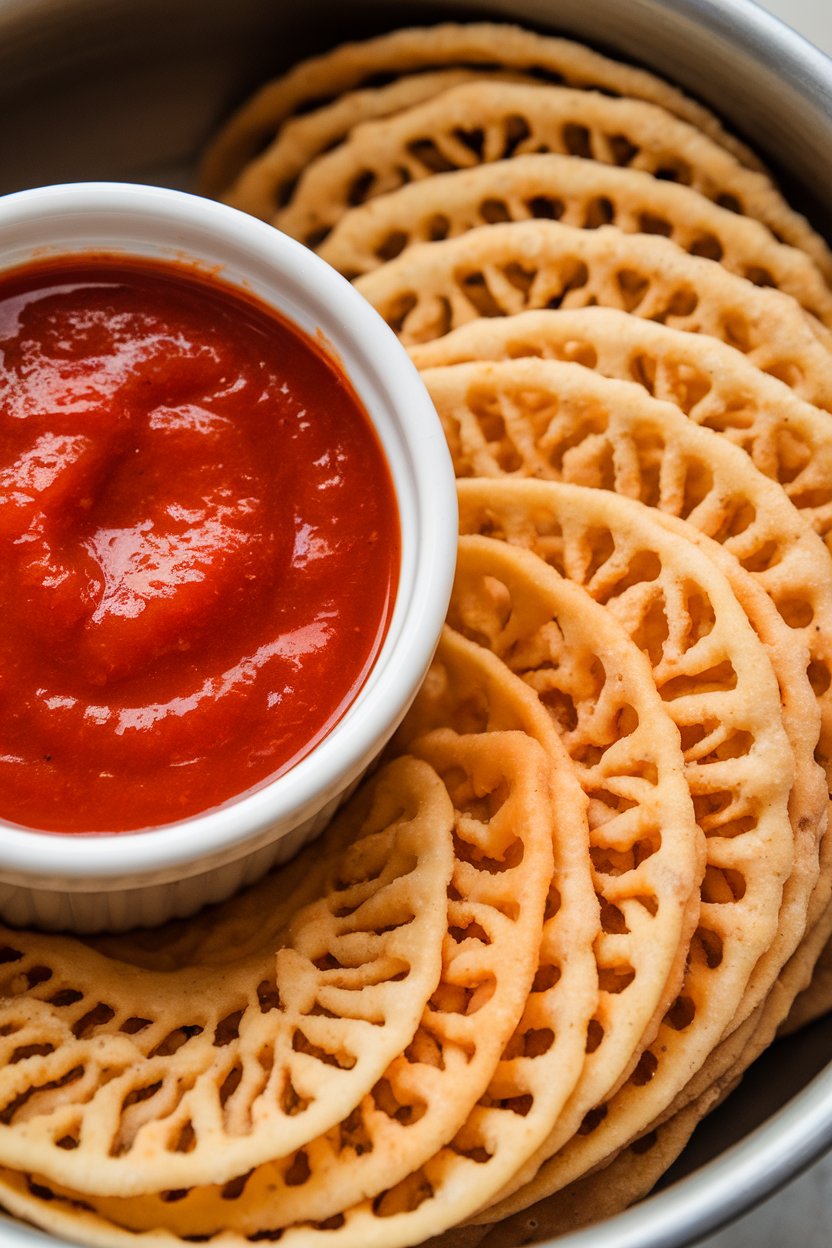 Indoor image of lacy parmesan crisps stacked next to a ramekin of marinara. Photo, no text or logos.