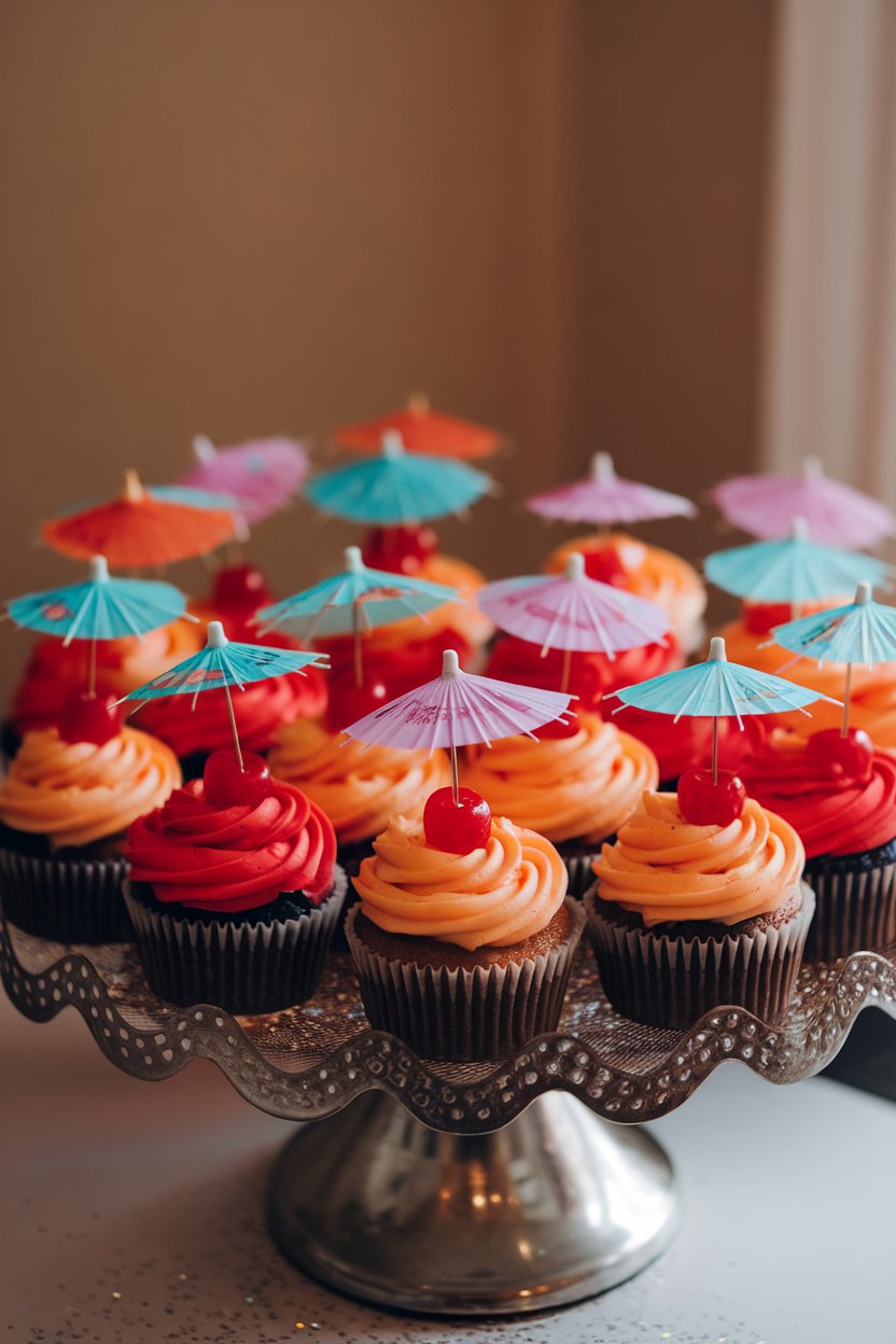 Indoor photo of bright red and orange frosted cupcakes garnished with a maraschino cherry and tiny paper umbrella, no text or logos