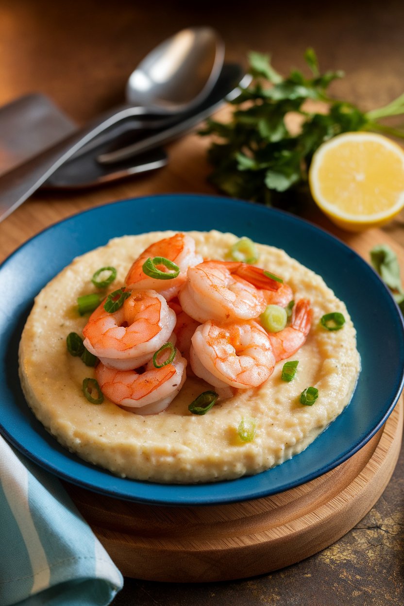 An indoor brunch plate featuring sautéed shrimp on creamy stone-ground grits topped with scallions; everything fully cooked. No text or logos. Photo.