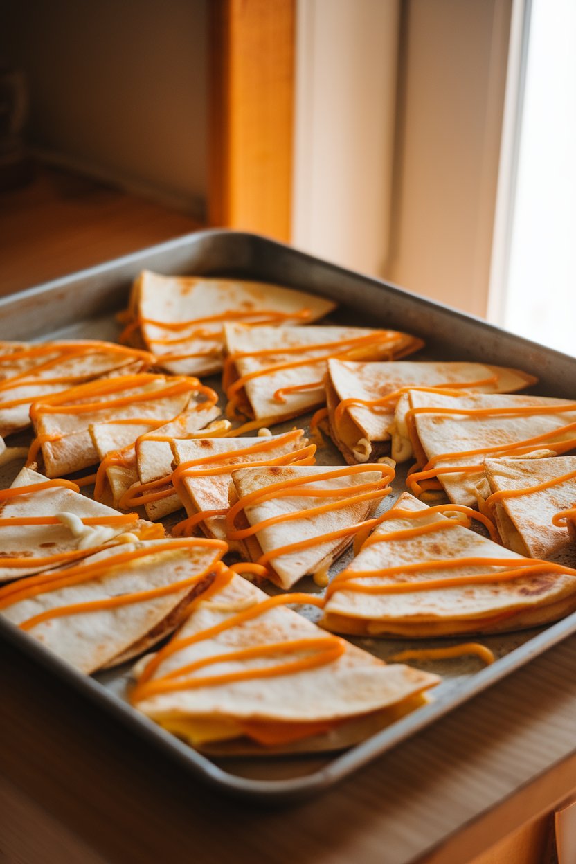 A warmly lit indoor kitchen table displaying a sheet pan of golden, triangular cheese quesadilla slices with strands of melted cheddar, Monterey Jack, and mozzarella stretching between pieces, no text or logos visible. Photo, not illustration.