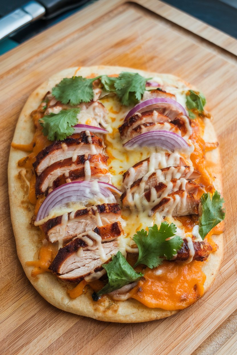 Indoor cutting board holding sliced BBQ chicken flatbread topped with red onion and cilantro, melty cheese stretching between pieces. No logos or text.