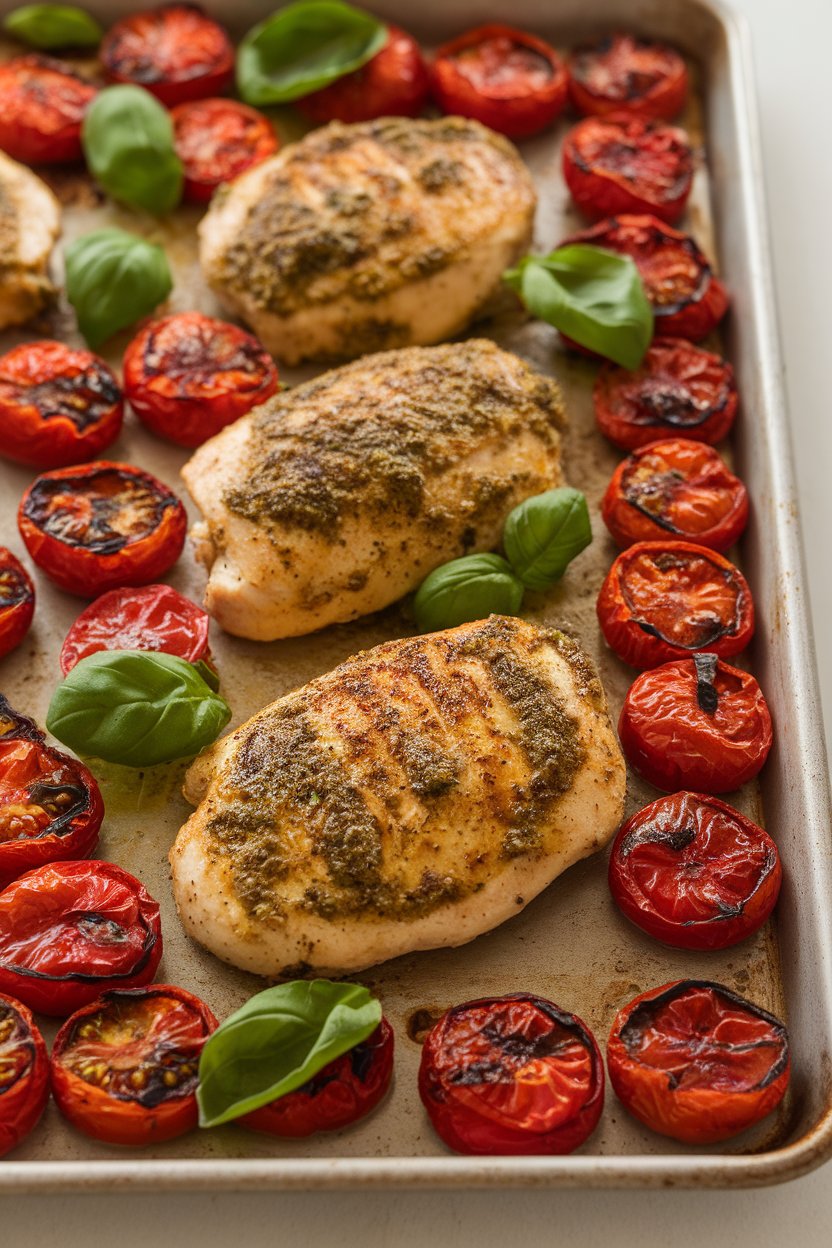 Indoor photo of a sheet pan with pesto-coated chicken breasts and blistered cherry tomatoes, basil leaves scattered after roasting. Warm overhead lighting, no text or logos.