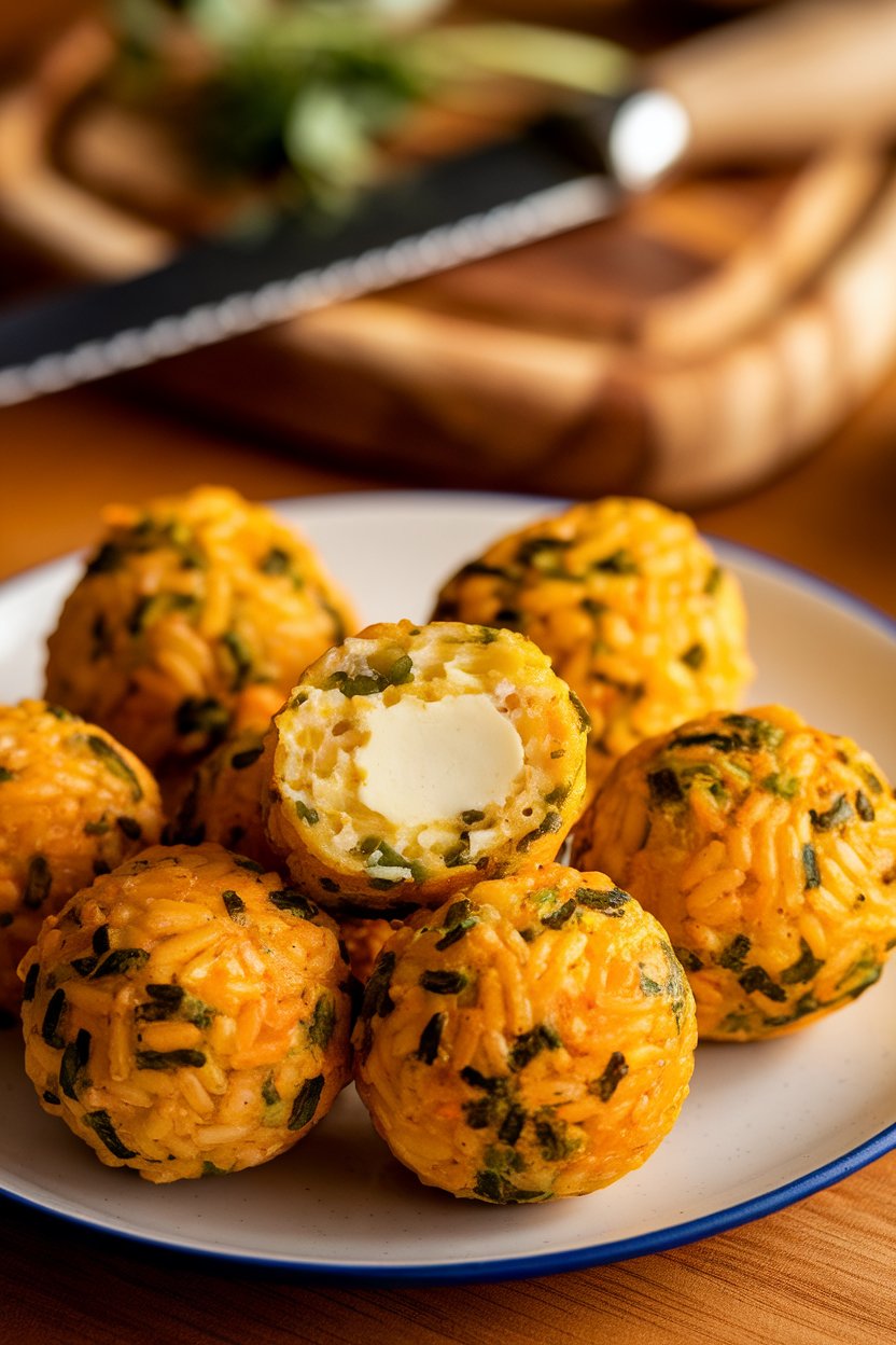 An indoor dish of arancini-style risotto balls with green flecks, one cut open revealing melty cheese core. No logos or text.