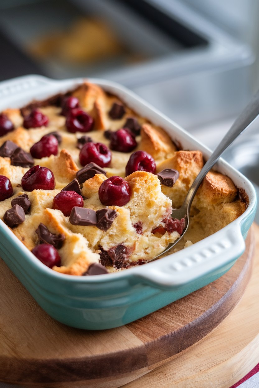 An indoor casserole dish of bread pudding studded with cherries and chocolate chunks, a spoon revealing custardy interior. Photo, no text or logos.